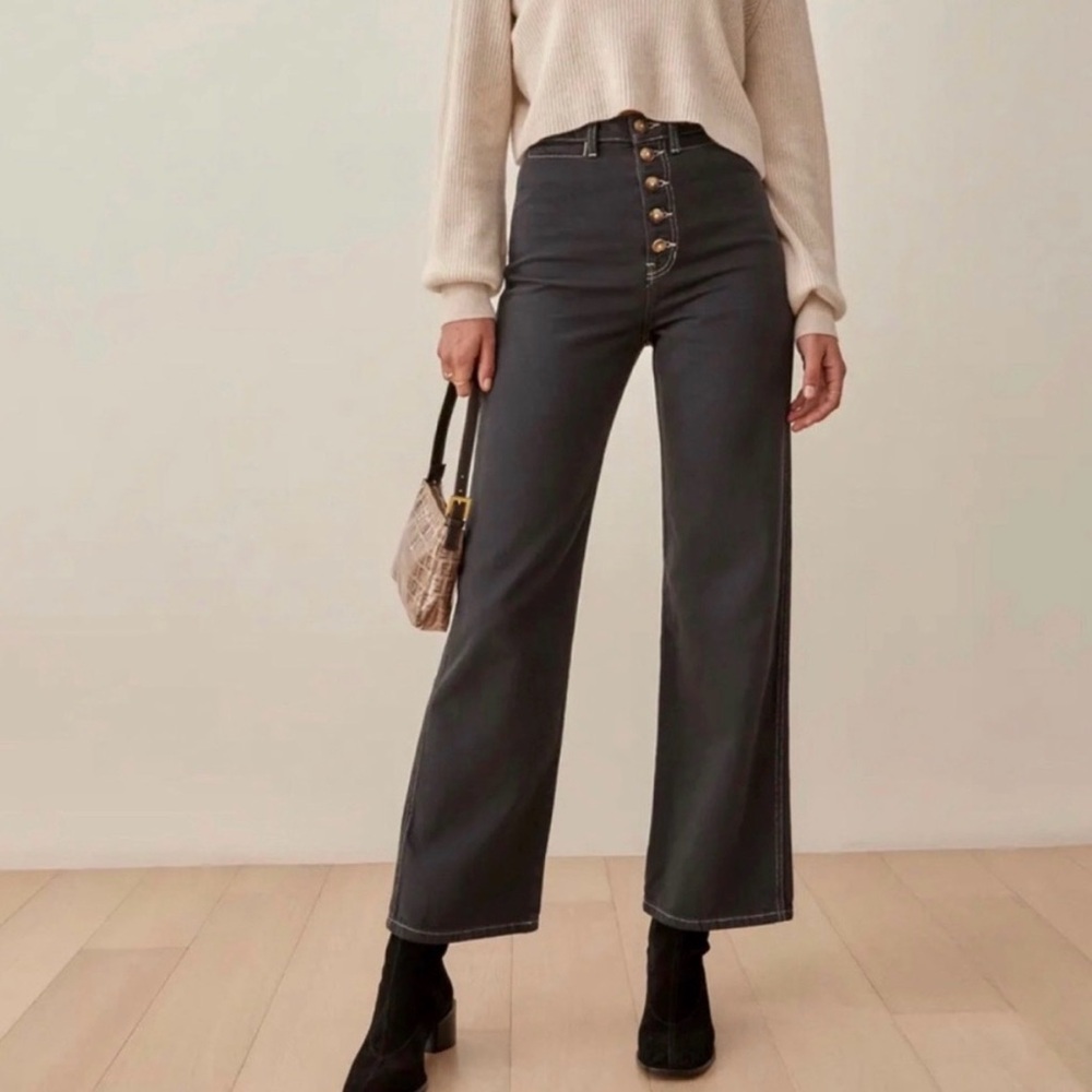 Reformation High-Rise Wide-Leg Button-Fly Jeans in Charcoal